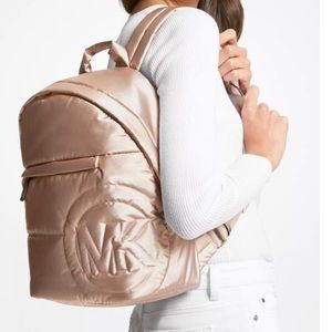 Michael Kors Medium Quilted Metallic Nylon Rose Gold Backpack Rae